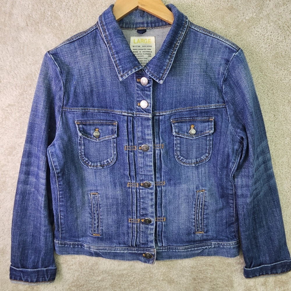J Crew Women's Large Denim Blue Jean Jacket 90s Classic Style‎ Cotton Trucker